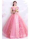 Beautiful Pink Ballgown Off Shoulder Prom Dress With Embroidery