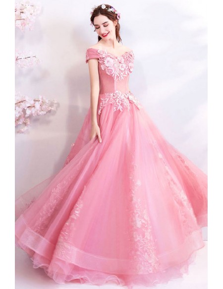 Beautiful Pink Ballgown Off Shoulder Prom Dress With Embroidery