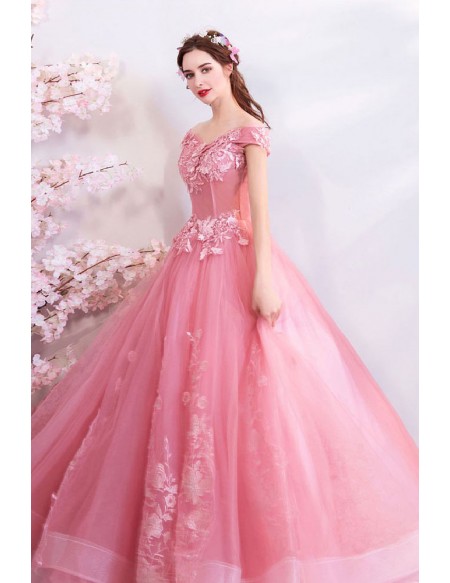 Beautiful Pink Ballgown Off Shoulder Prom Dress With Embroidery