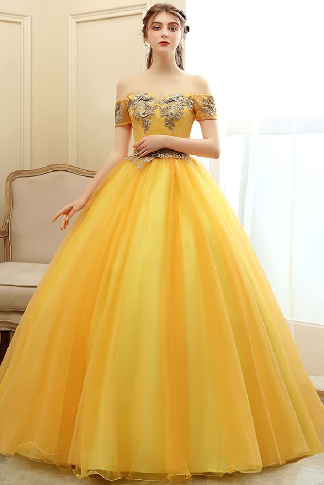 Chic Gold Prom Dress Tulle Off-shoulder Evening Dress A-Line Birthday Dress DP05193 main image 0