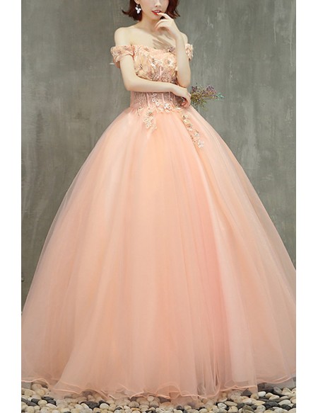 Cute Pink Ballgown Off Shoulder Prom Dress With Appliques
