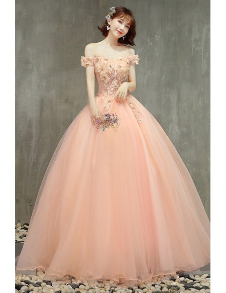 Cute Pink Ballgown Off Shoulder Prom Dress With Appliques