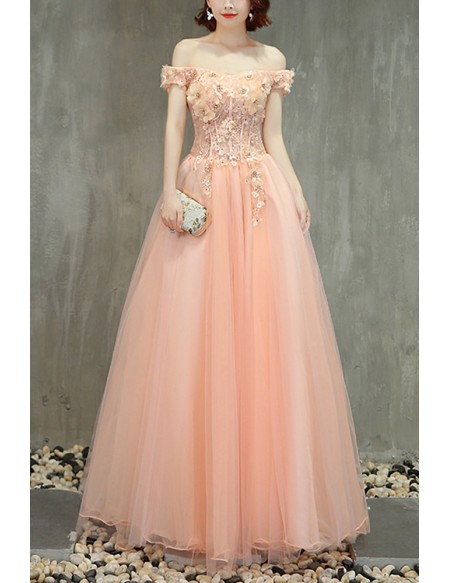 Cute Pink Ballgown Off Shoulder Prom Dress With Appliques