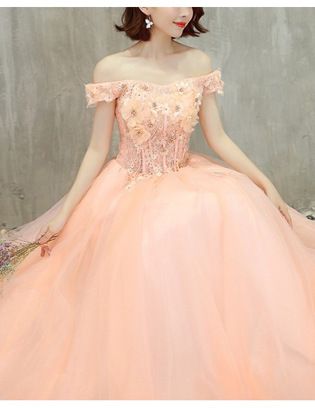 Cute Pink Ballgown Off Shoulder Prom Dress With Appliques