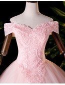 Cute Princess Pink Off Shoulder Ballgown Prom Dress With Appliques