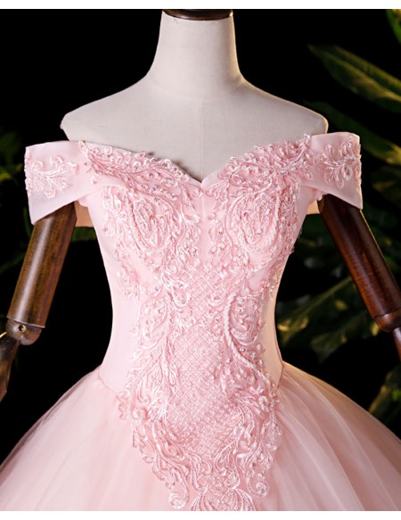 Cute Princess Pink Off Shoulder Ballgown Prom Dress With Appliques