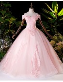 Cute Princess Pink Off Shoulder Ballgown Prom Dress With Appliques
