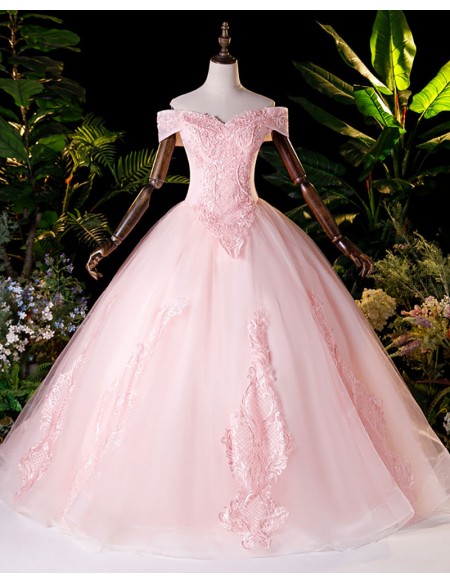 Cute Princess Pink Off Shoulder Ballgown Prom Dress With Appliques