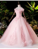 Cute Princess Pink Off Shoulder Ballgown Prom Dress With Appliques