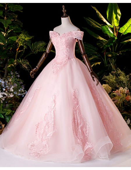 Cute Princess Pink Off Shoulder Ballgown Prom Dress With Appliques