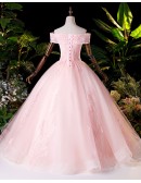 Cute Princess Pink Off Shoulder Ballgown Prom Dress With Appliques