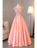 Long Pink Satin Prom Dress With Beaded Appliques