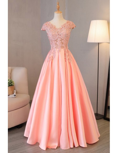 Long Pink Satin Prom Dress With Beaded Appliques