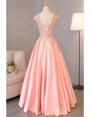 Long Pink Satin Prom Dress With Beaded Appliques