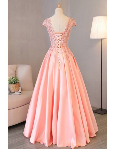 Long Pink Satin Prom Dress With Beaded Appliques