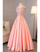 Long Pink Satin Prom Dress With Beaded Appliques