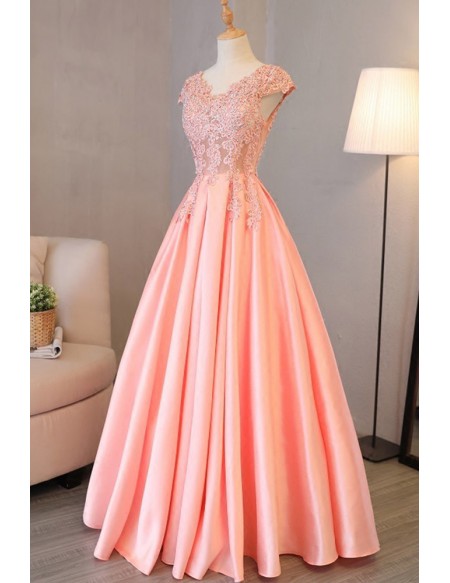 Long Pink Satin Prom Dress With Beaded Appliques