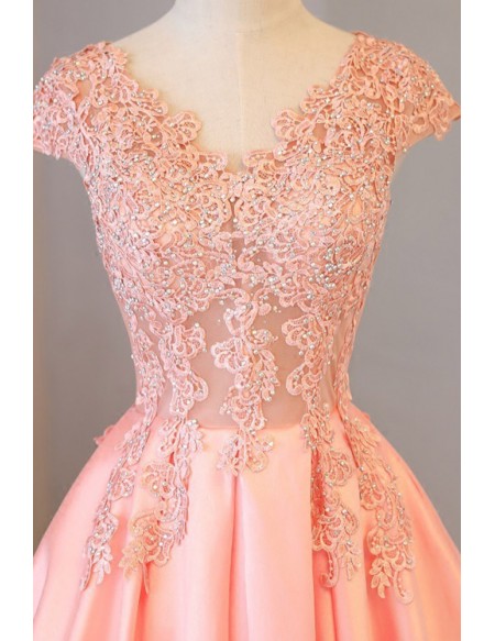 Long Pink Satin Prom Dress With Beaded Appliques
