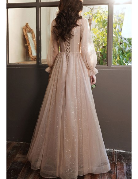 Modest Champagne Bling Tulle Prom Dress With Sleeves