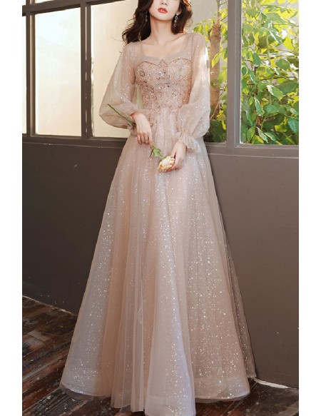 Modest Champagne Bling Tulle Prom Dress With Sleeves