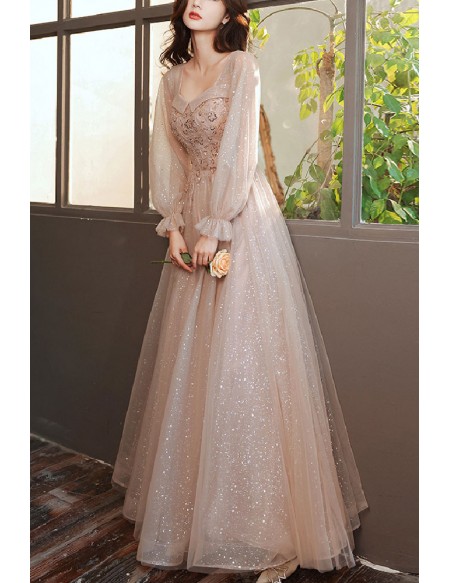Modest Champagne Bling Tulle Prom Dress With Sleeves