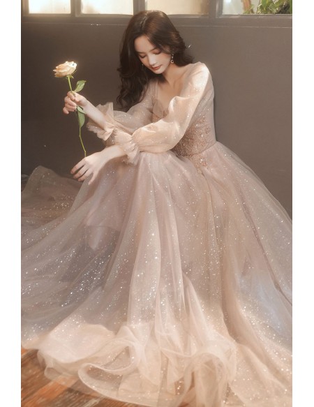 Modest Champagne Bling Tulle Prom Dress With Sleeves