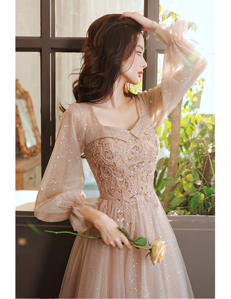 Modest Champagne Bling Tulle Prom Dress With Sleeves