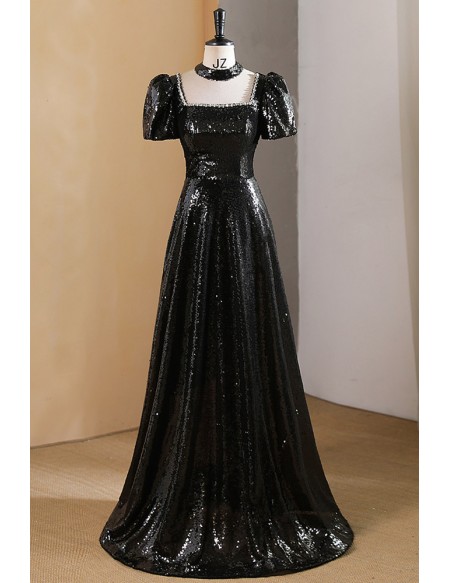 Mistery Sparkly Black Sequined Aline Prom Dress With Square Neckline