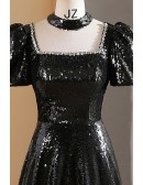 Mistery Sparkly Black Sequined Aline Prom Dress With Square Neckline