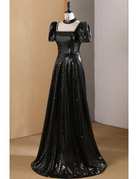 Mistery Sparkly Black Sequined Aline Prom Dress With Square Neckline
