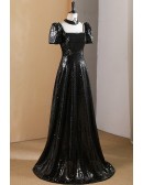 Mistery Sparkly Black Sequined Aline Prom Dress With Square Neckline