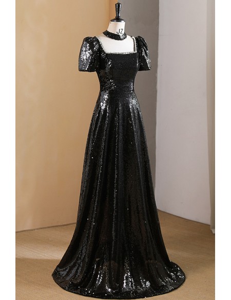 Mistery Sparkly Black Sequined Aline Prom Dress With Square Neckline