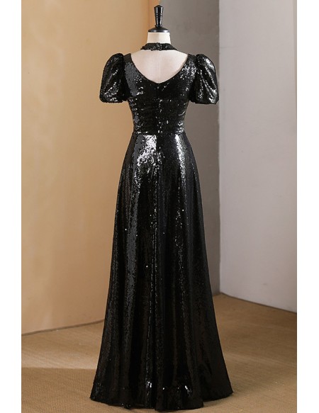 Mistery Sparkly Black Sequined Aline Prom Dress With Square Neckline