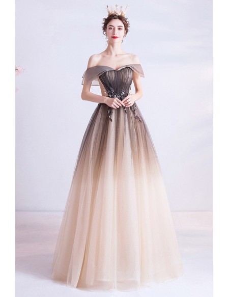 Off Shoulder Ombre Tulle Long Prom Dress With Appliques