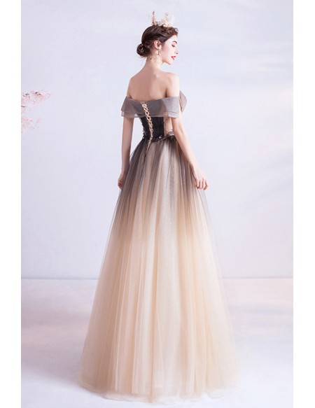 Off Shoulder Ombre Tulle Long Prom Dress With Appliques
