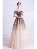 Off Shoulder Ombre Tulle Long Prom Dress With Appliques