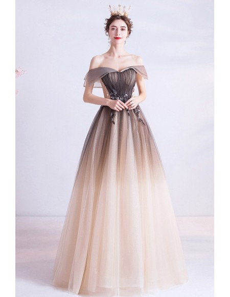 Off Shoulder Ombre Tulle Long Prom Dress With Appliques