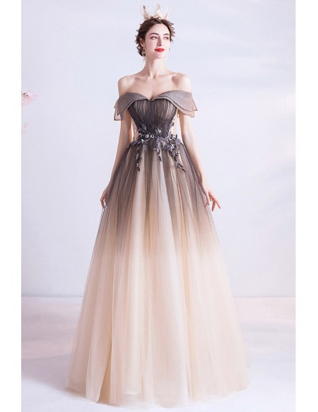 Off Shoulder Ombre Tulle Long Prom Dress With Appliques