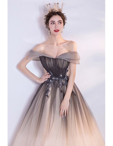 Off Shoulder Ombre Tulle Long Prom Dress With Appliques