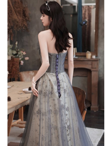 Strapless Aline Long Grey Prom Dress With Bling Sequins