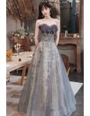 Strapless Aline Long Grey Prom Dress With Bling Sequins