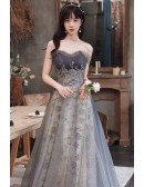 Strapless Aline Long Grey Prom Dress With Bling Sequins