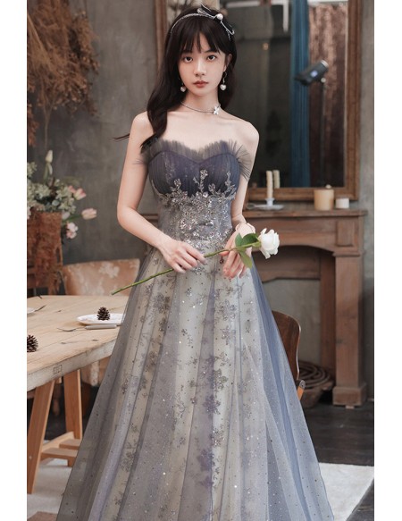Strapless Aline Long Grey Prom Dress With Bling Sequins