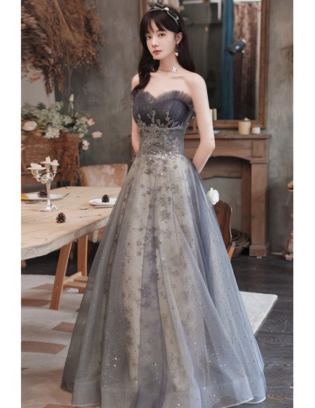 Strapless Aline Long Grey Prom Dress With Bling Sequins