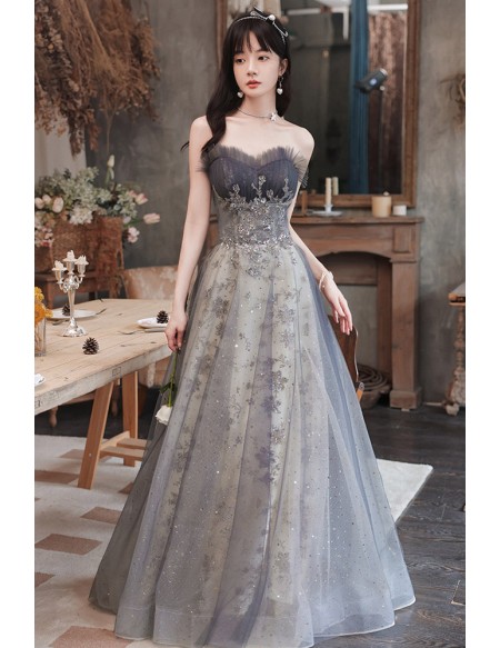 Strapless Aline Long Grey Prom Dress With Bling Sequins