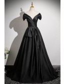 Pleated Vneck Long Black Satin Evening Dress