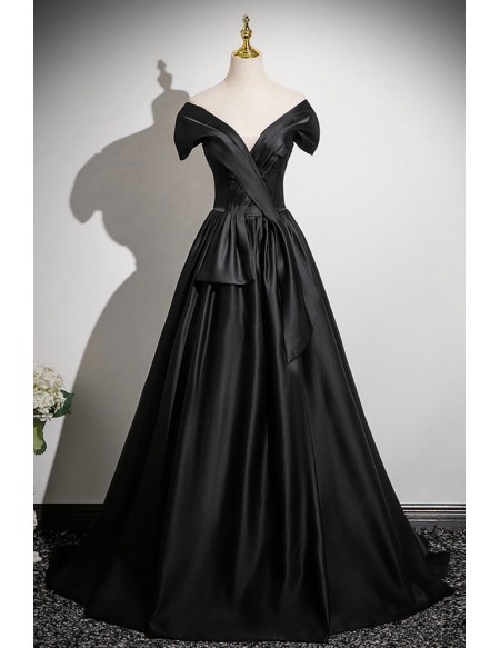 Pleated Vneck Long Black Satin Evening Dress
