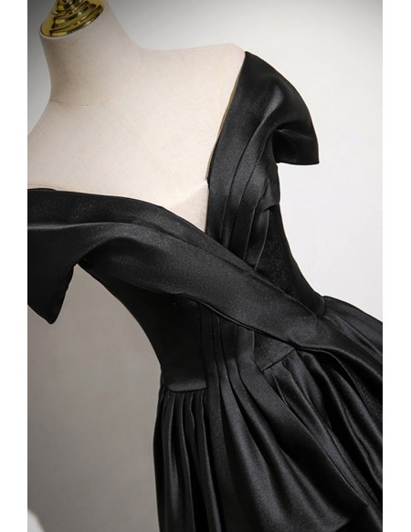 Pleated Vneck Long Black Satin Evening Dress