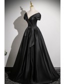 Pleated Vneck Long Black Satin Evening Dress