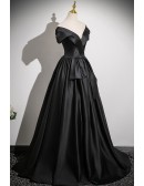 Pleated Vneck Long Black Satin Evening Dress